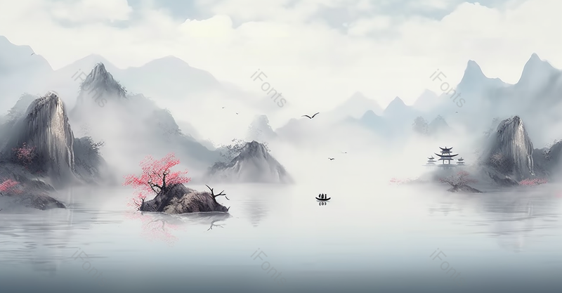 阳春三月桃花盛开中国风山水水墨画背景,插画/手绘图,插画/手绘图库,插画/手绘图下载,插画/手绘